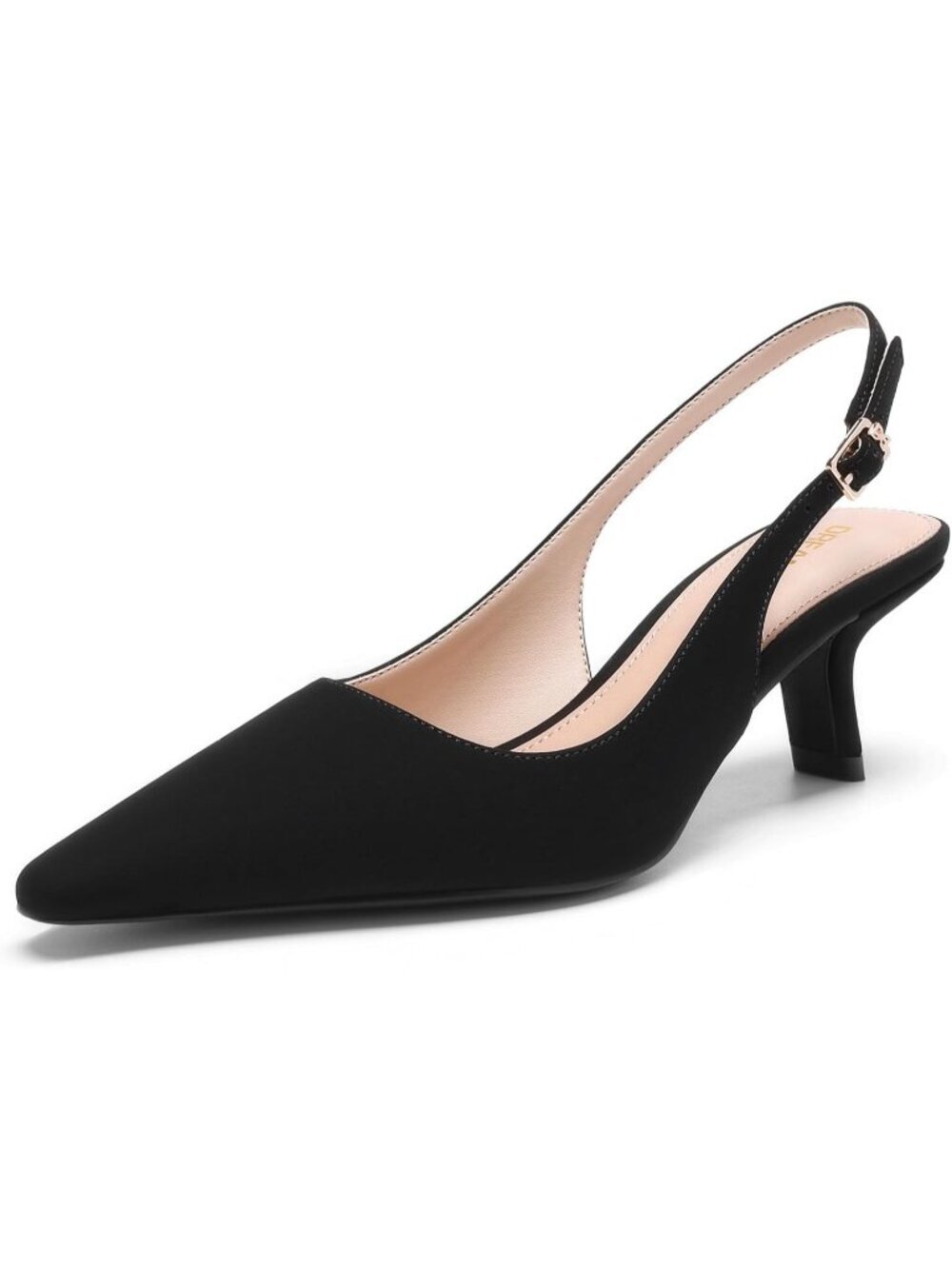 Women's Black Nu Buck Slingback Kitten Heels Pointed Toe Pumps Comfortable Shoes